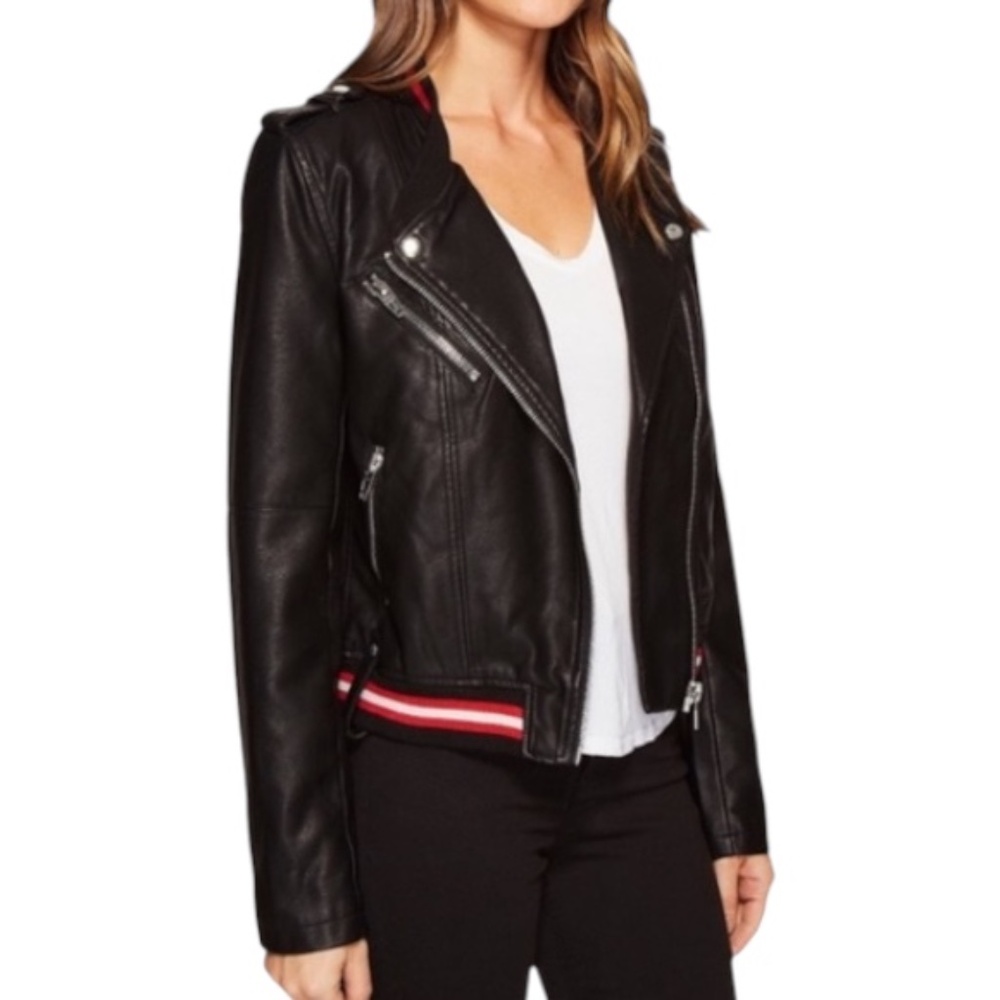Blank NYC Faux Leather Moto Jacket Red White Ribbed Stripes — Size L